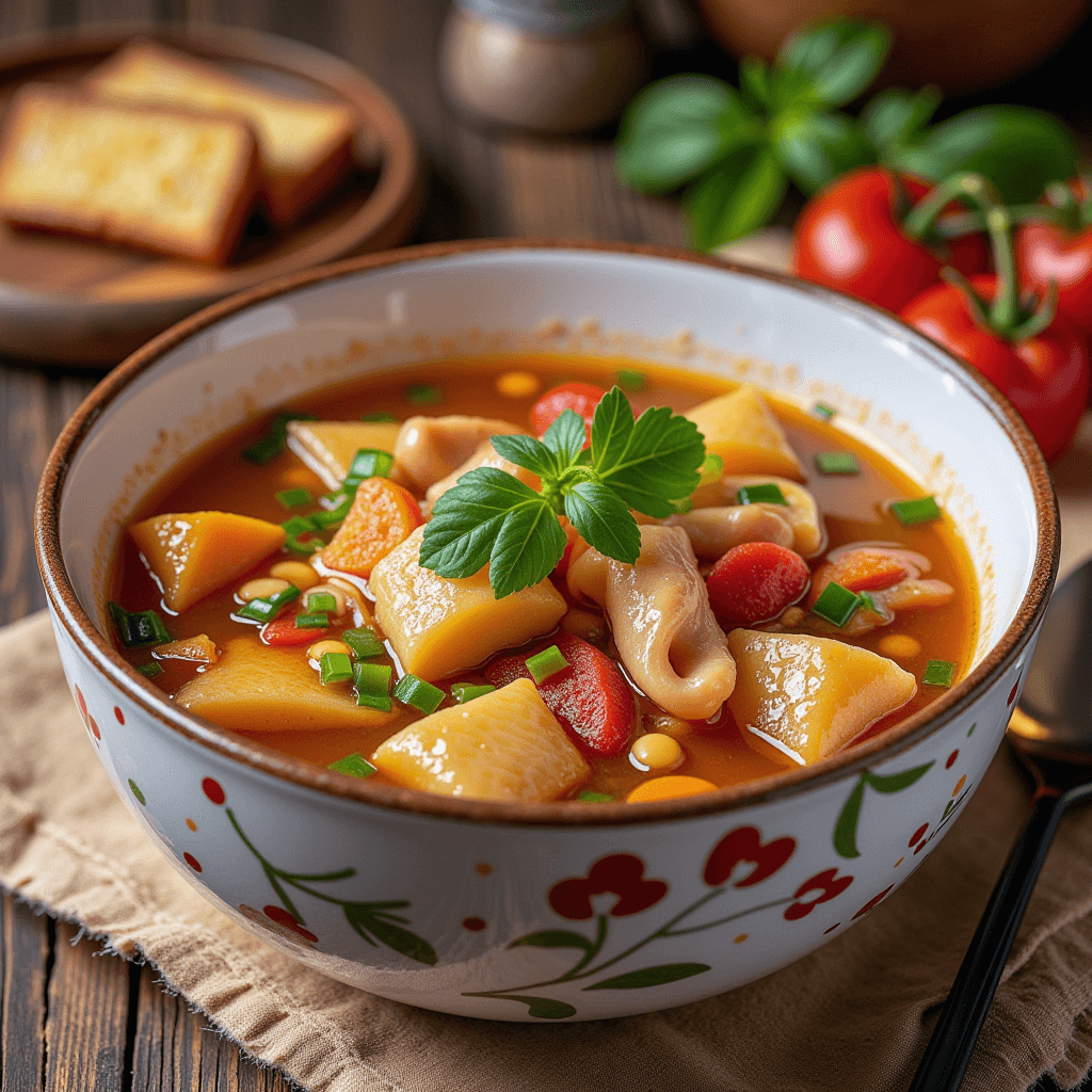 A warm bowl of homemade chicken soup filled with vegetables, pasta, and fresh herbs, served in a decorative ceramic bowl on a rustic wooden table.
