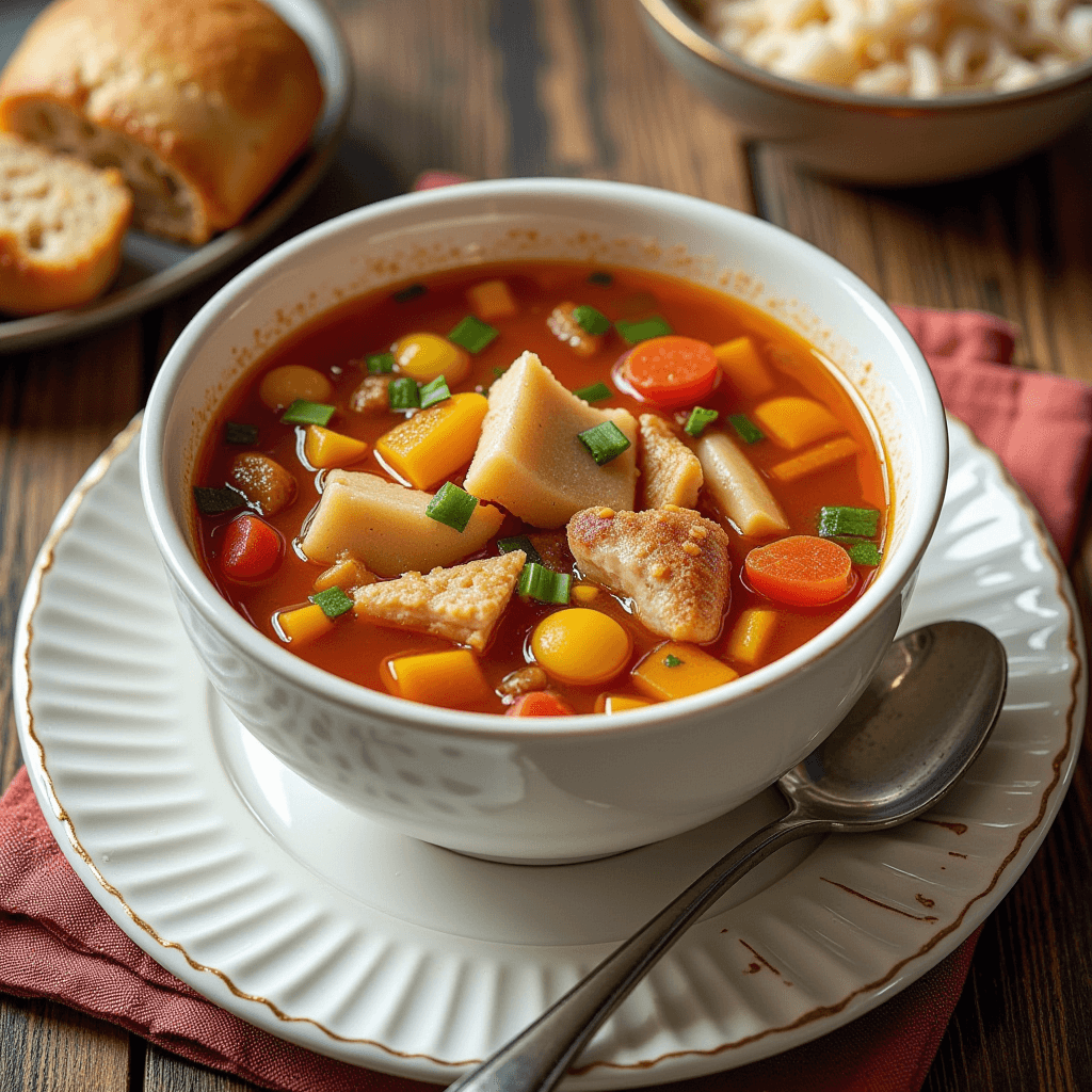  A comforting bowl of homemade chicken soup filled with tender chicken, vibrant vegetables, and pasta, served on a rustic wooden table with bread on the side.
