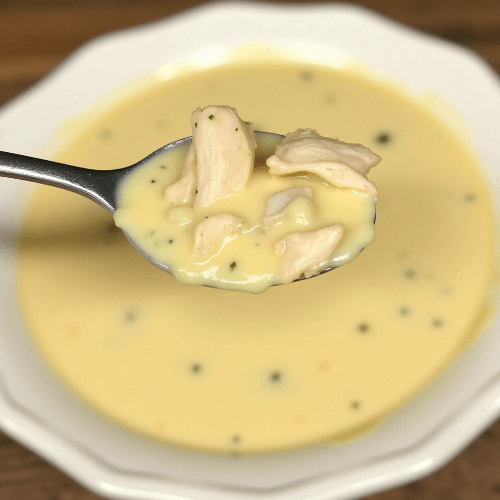 Creamy soulful chicken soup with shredded chicken in a rich, velvety broth.