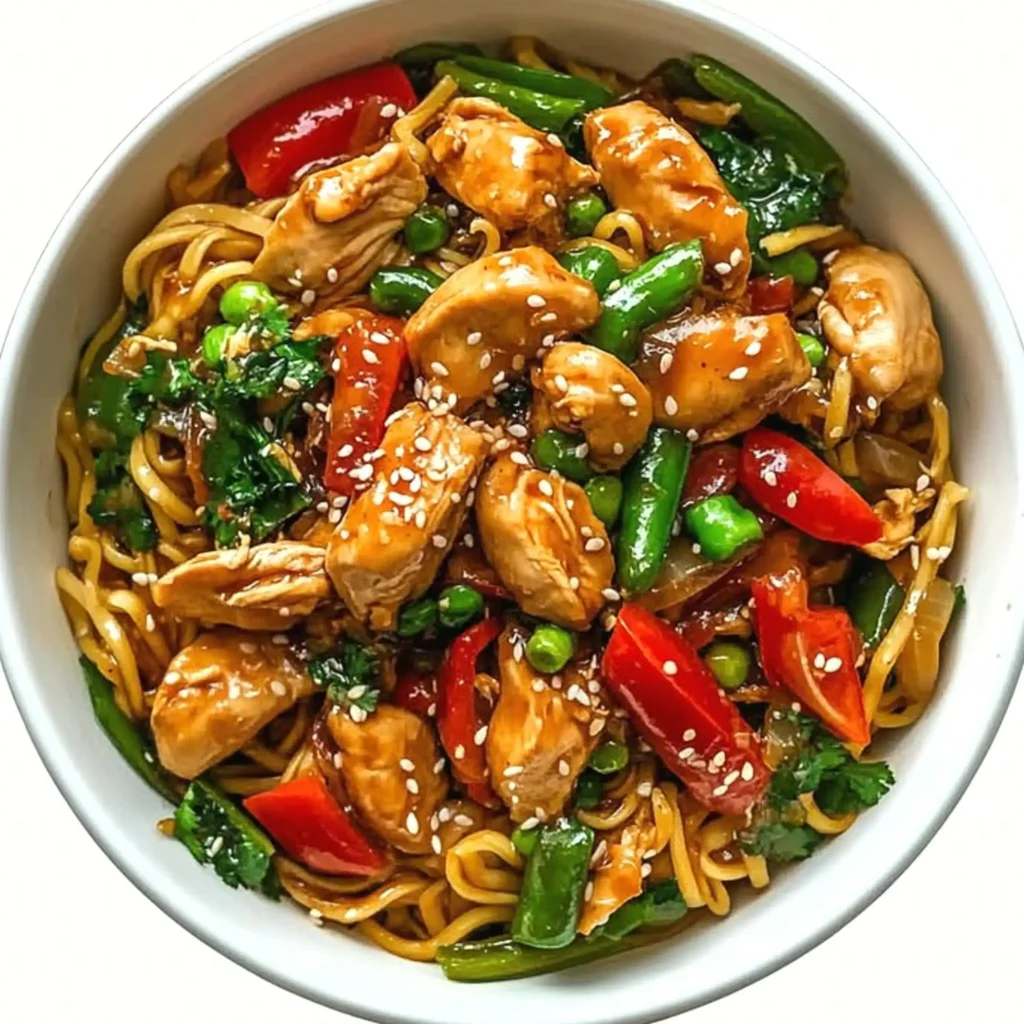 Classic chicken noodle stir-fry with vegetables and sesame seeds