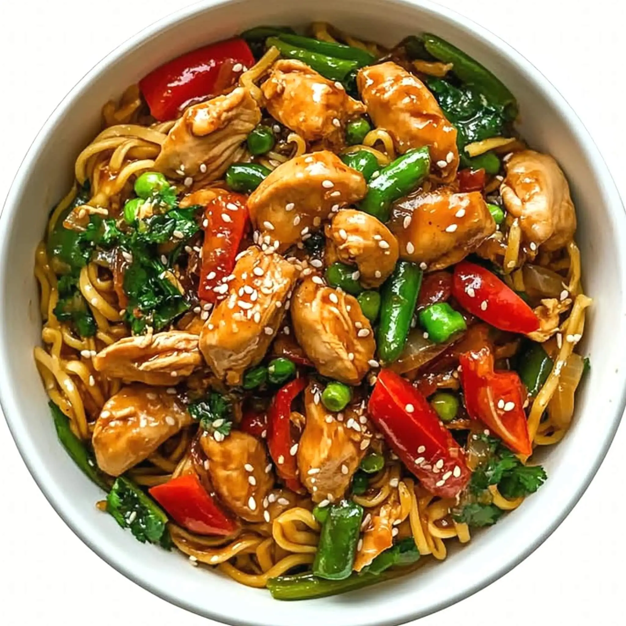 Classic chicken noodle stir-fry with vegetables and sesame seeds