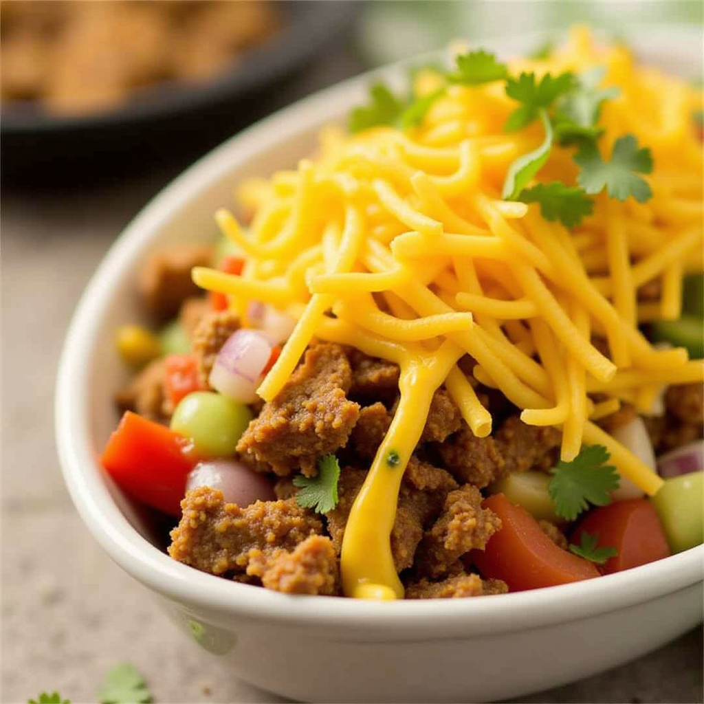 Close-up of Dorito Taco Salad with ground beef, fresh vegetables, shredded cheddar cheese, and cilantro.