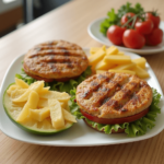 Grilled chicken burger with lettuce, tomato, and fries