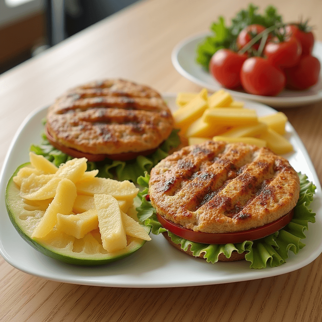 Grilled chicken burger with lettuce, tomato, and fries