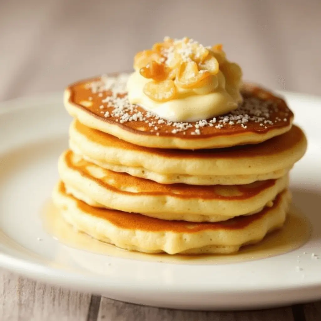 Homemade fluffy pancakes recipe served with honey and butter