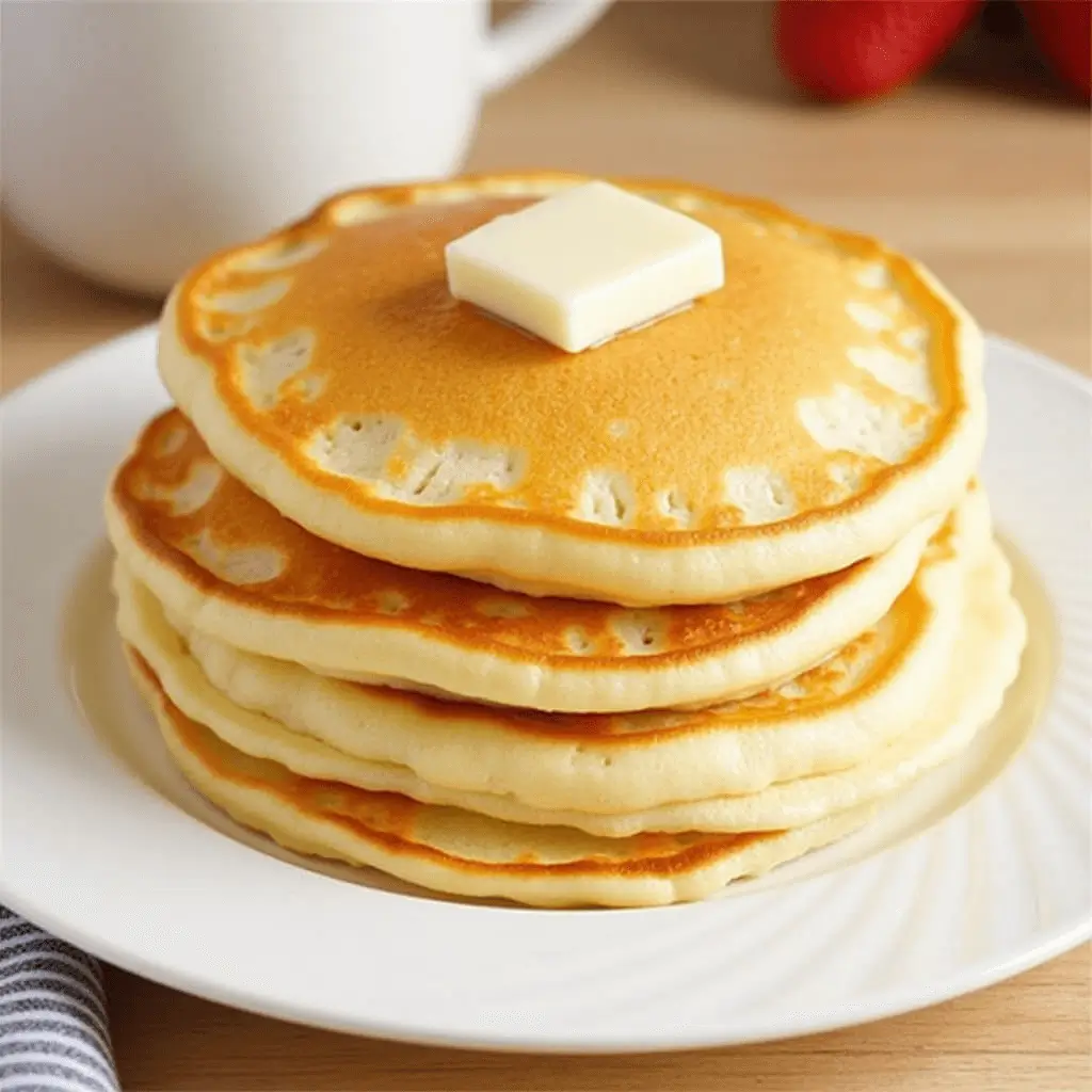 Easy fluffy pancakes recipe with strawberries and whipped cream