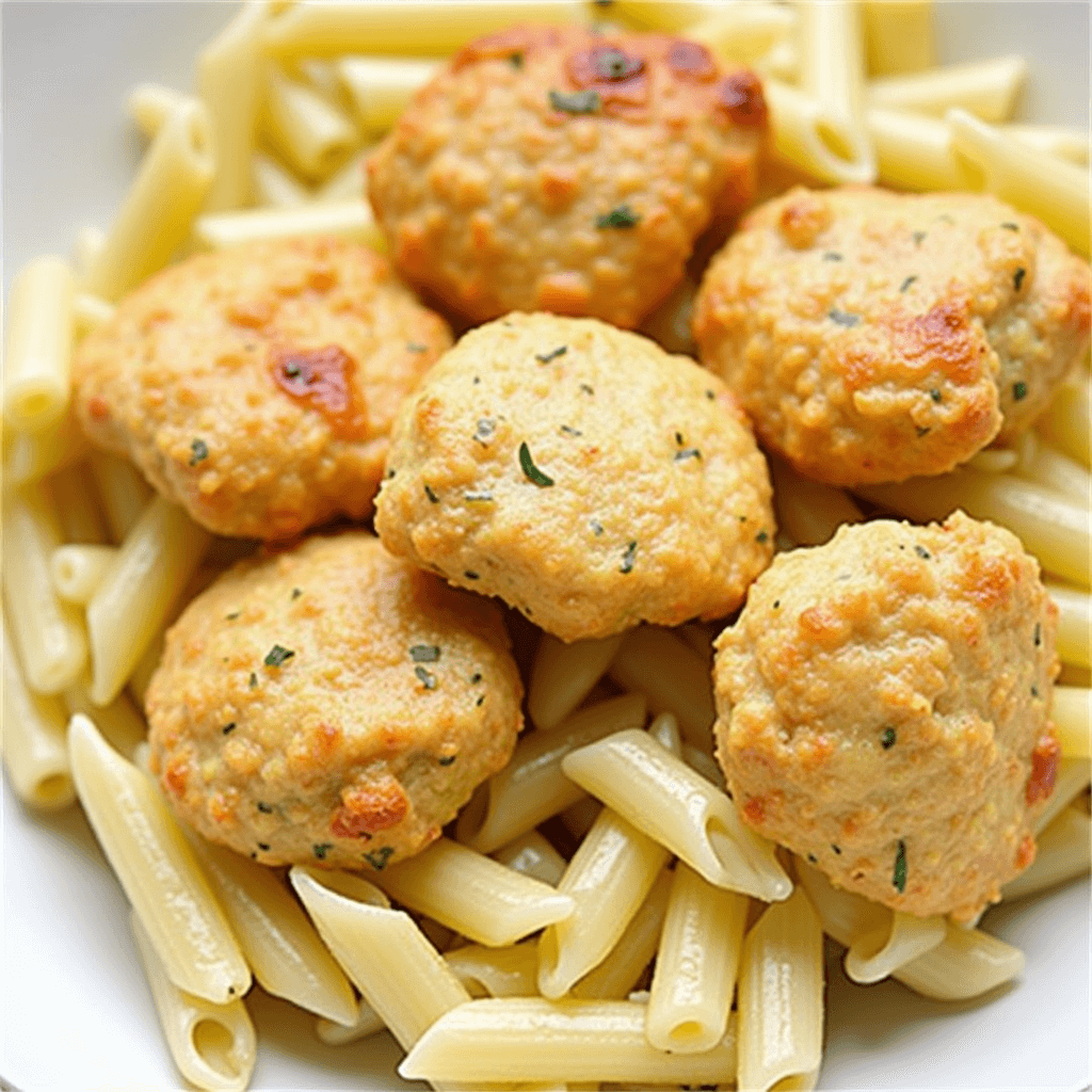Garlic Butter Chicken Pasta with golden garlic butter chicken meatballs on top