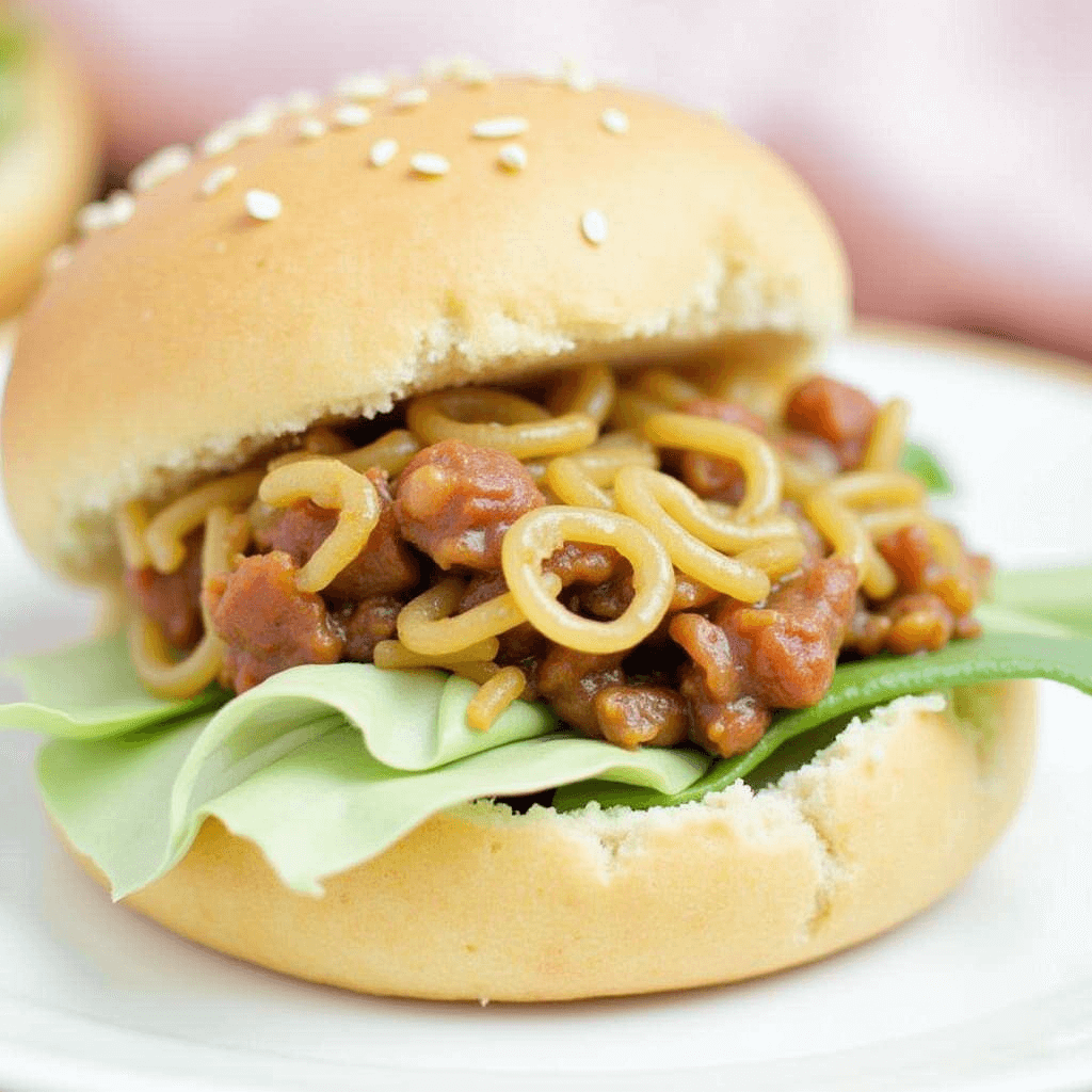 Sloppy joe sandwich with noodles, ground meat sauce, and lettuce in a sesame bun