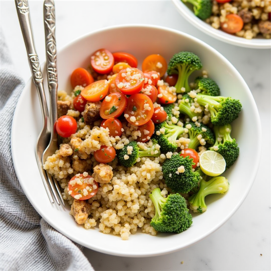 "Healthy quinoa veggie bowl with avocado, cherry tomatoes, cucumber, and corn"