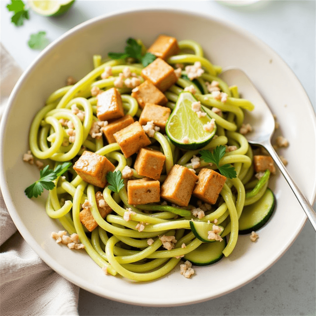 Zucchini noodle stir-fry with tofu cubes, lime, and fresh herbs