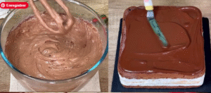 Preparing Chocolate Coconut Squares Recipe – mixing chocolate ganache and spreading it over the cake layers.