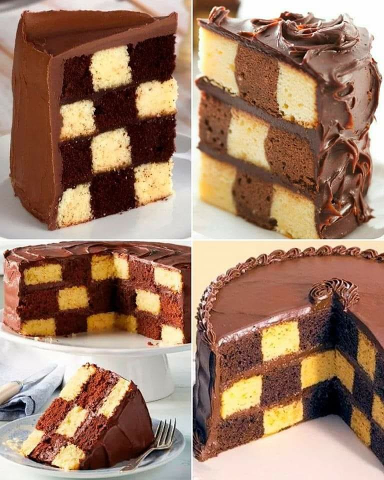 Damero Cake or Chess Cake with chocolate and vanilla layers arranged in a checkerboard pattern.