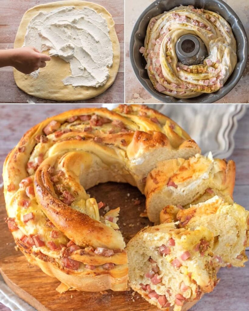 Step-by-step preparation of savory ricotta and mortadella brioche — spreading ricotta on dough, shaping the ring, and the golden baked result filled with mortadella and cheese.