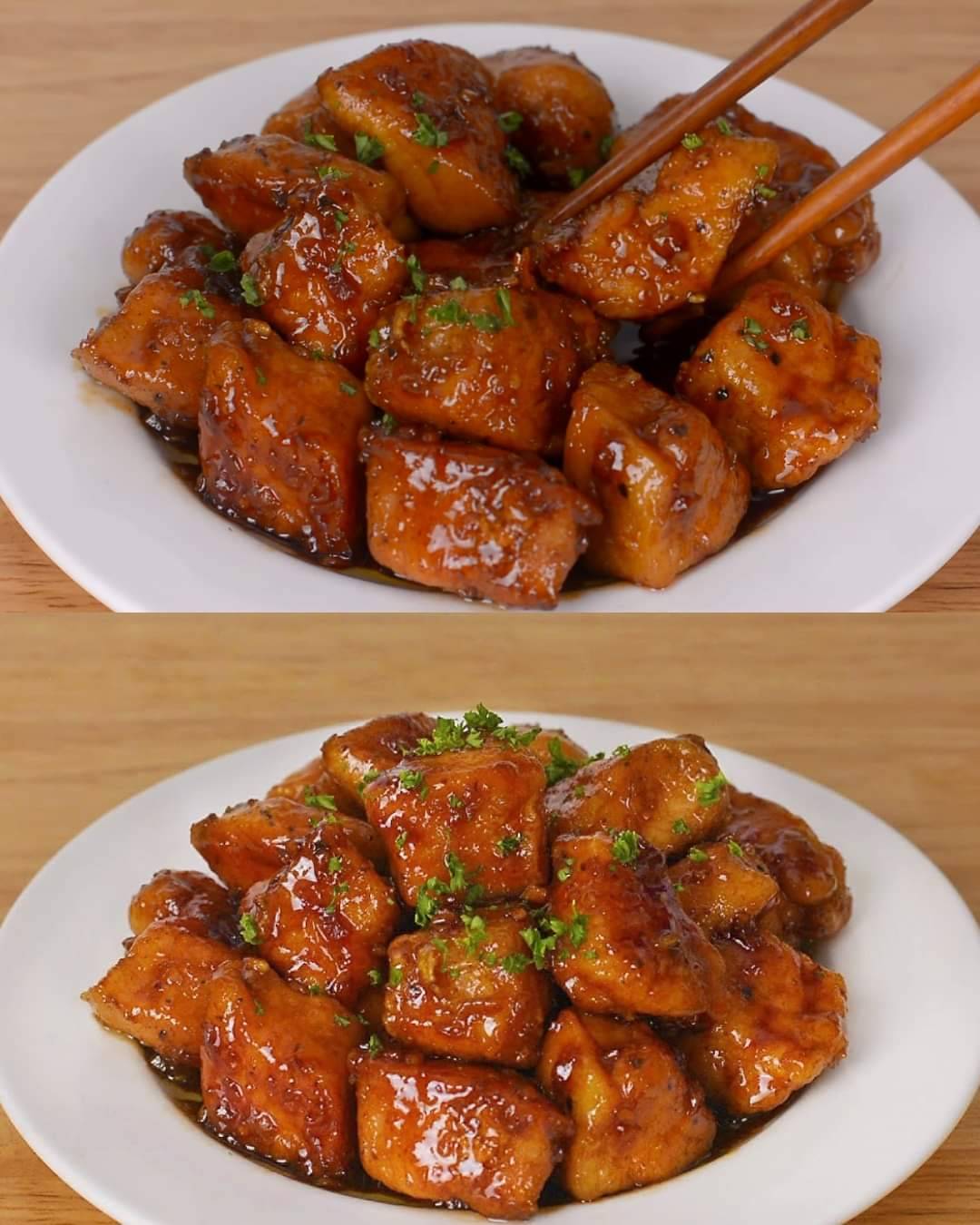 Crispy Honey Garlic Chicken Bites glazed with sticky honey garlic sauce on a white plate