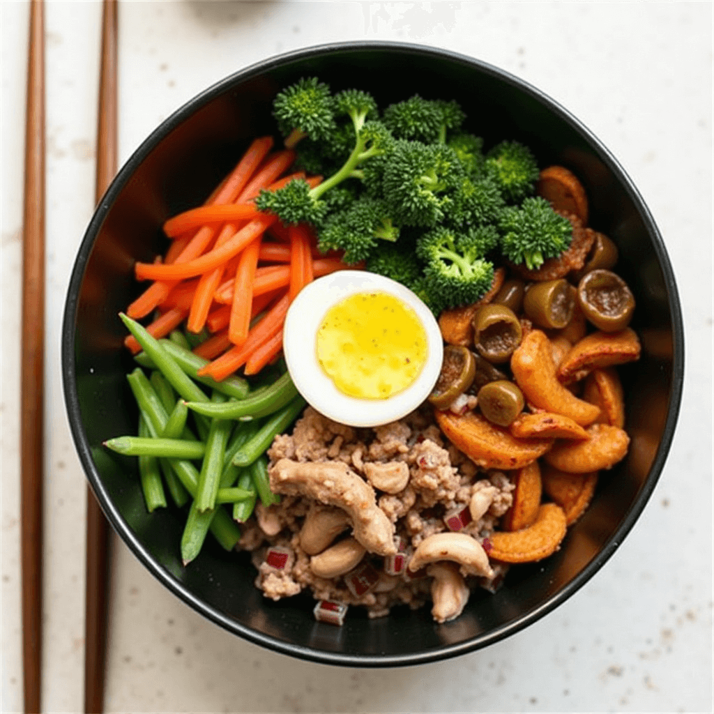 Asian inspired easy healthy lunch bowl with rice, broccoli, edamame, carrots, cucumber, and tofu