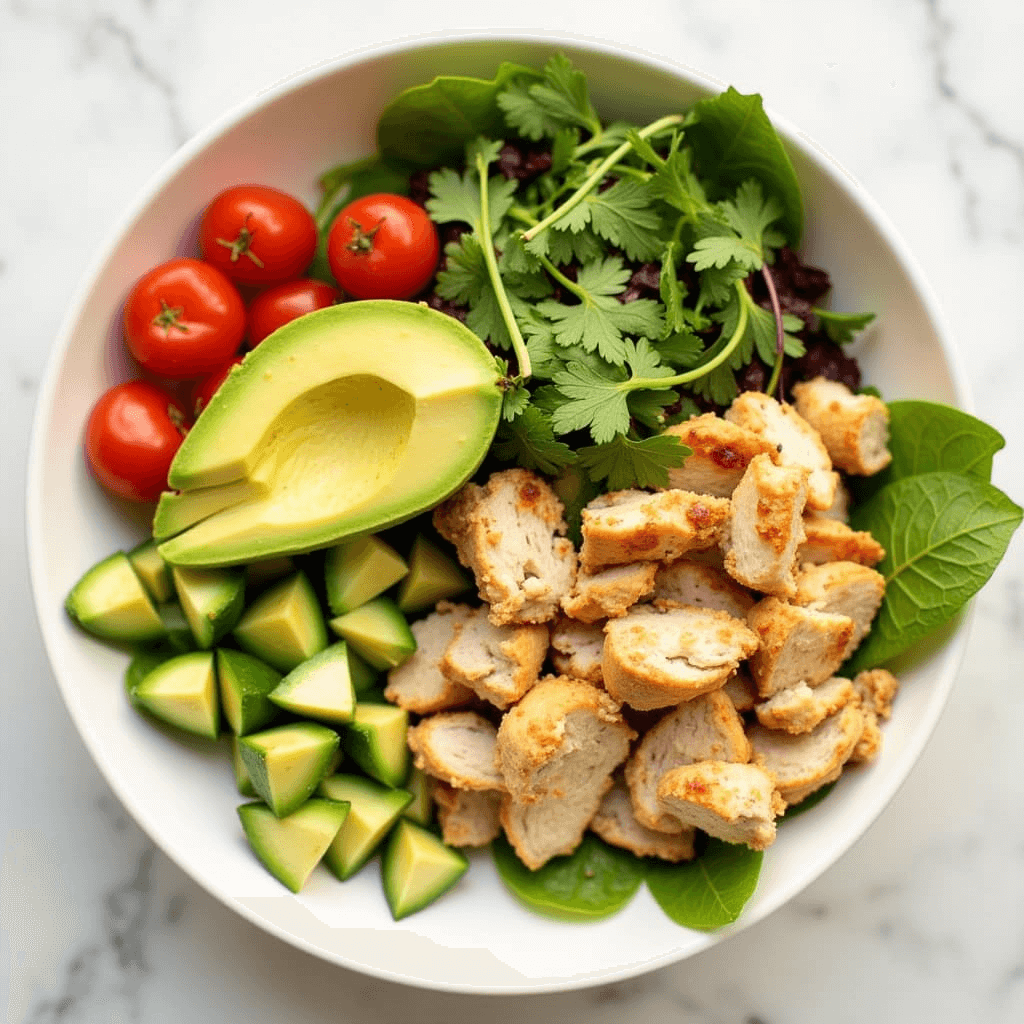 Chicken avocado bowl with grilled chicken, avocado, cherry tomatoes, cucumber, and fresh greens
