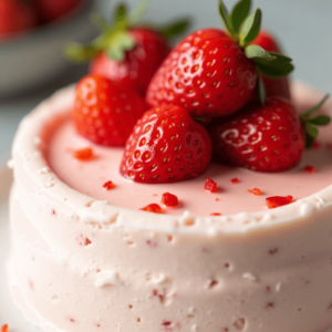 Close-up of Strawberry Bavarian Cream Recipe topped with fresh strawberries