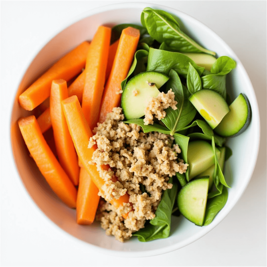 Easy healthy lunch bowl with carrots, zucchini, spinach, and ground protein