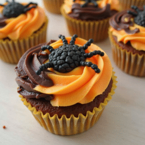 Scary and fun Halloween cupcake ideas with black spider decorations and orange chocolate frosting.