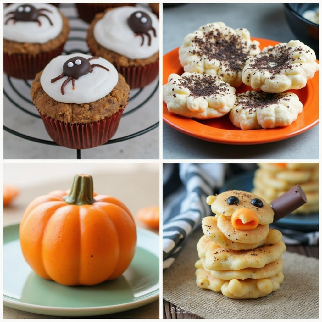 Spooky and fun Halloween dessert ideas featuring cupcakes, cookies, and pumpkin-shaped treats