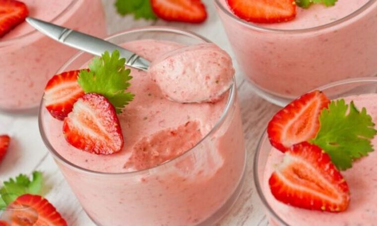 Strawberry Bavarian Cream Recipe in dessert glasses with whipped cream topping