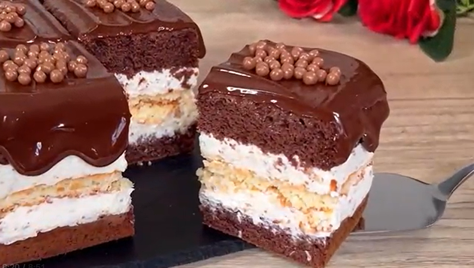 Chocolate and Coconut Squares Recipe – Delicious layered chocolate sponge with coconut cream and chocolate ganache topping.