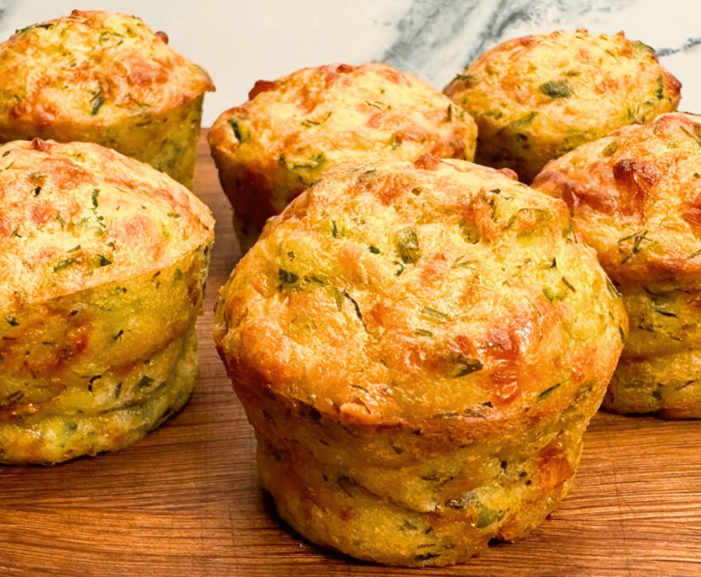 freshly baked zucchini muffins on a wooden board