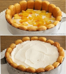 Finished no-cook peach charlotte topped with peach slices