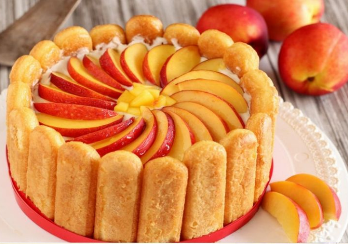 Easy no-cook Peach Charlotte dessert topped with fresh peach slices and ladyfingers