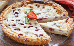 Ricotta and strawberry tart with golden crust and fresh strawberry topping.