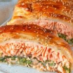 creamy salmon skillet recipe open showing flaky salmon and zucchini filling
