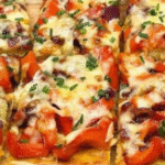 potato pepper focaccia recipe with melted cheese and sliced vegetables