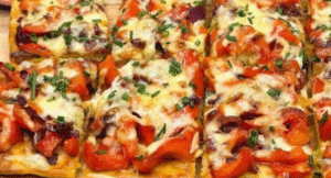 potato pepper focaccia recipe with melted cheese and sliced vegetables