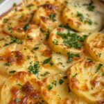 golden potato gratin recipe served on a plate