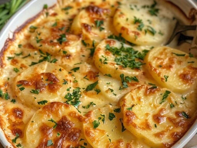 golden potato gratin recipe served on a plate