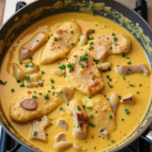 Chicken Simmering in Creamy Skillet Sauce