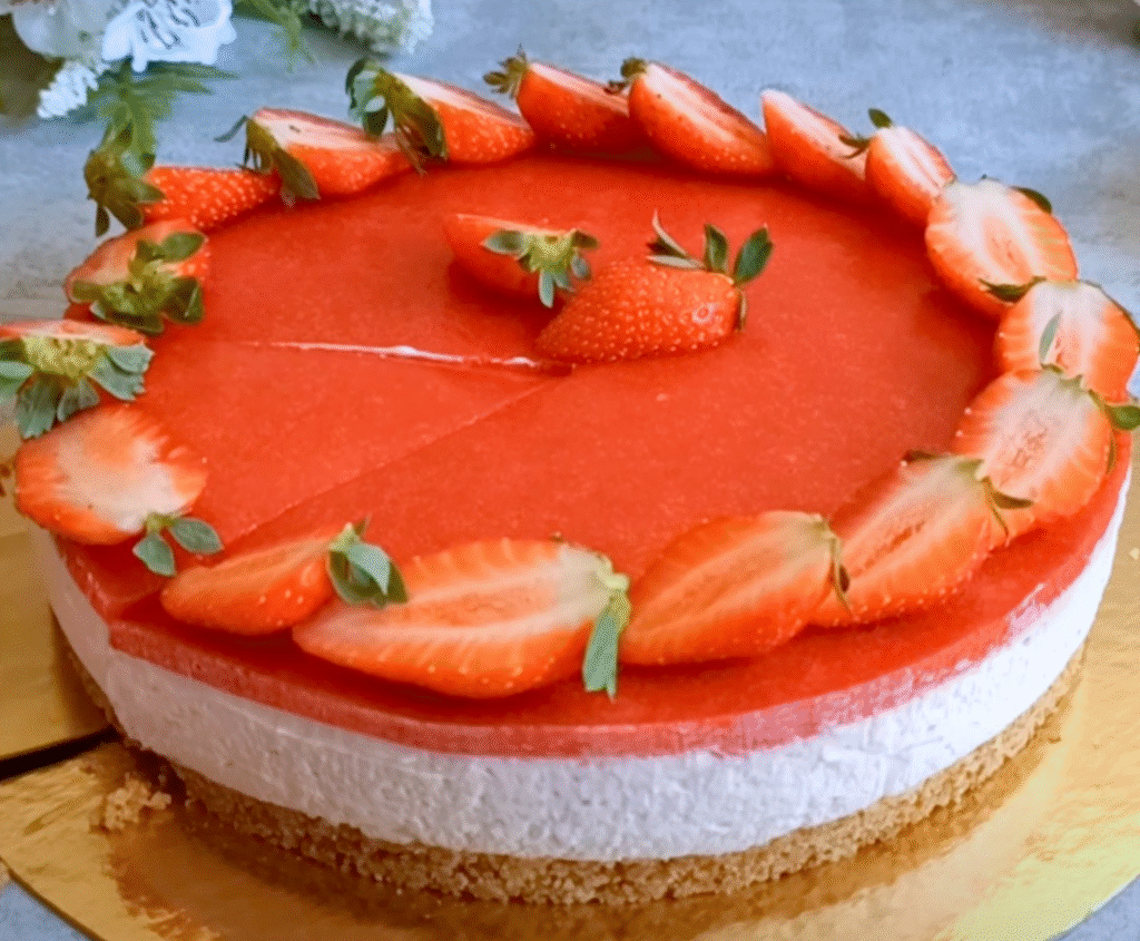 No-bake strawberry cheesecake topped with fresh strawberries