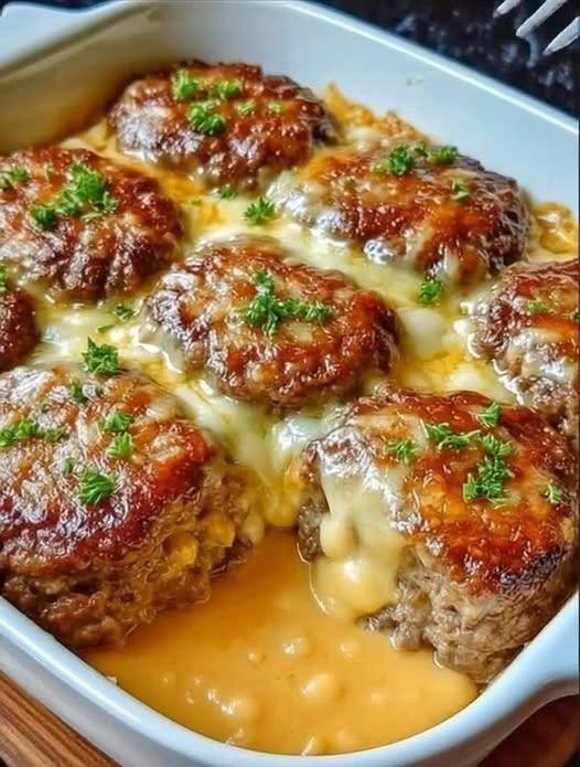 Amish hamburger steak bake recipe bake served with rich gravy