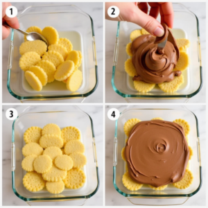 Layering biscuits and chocolate cream in a rectangular dish to build a no bake biscuit cake.