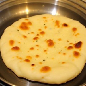 soft and fluffy naan bread recipe cooked in a pan, golden and slightly charred.