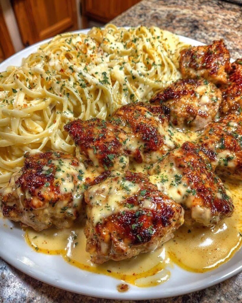 Garlic butter chicken bites with creamy parmesan pasta on a plate