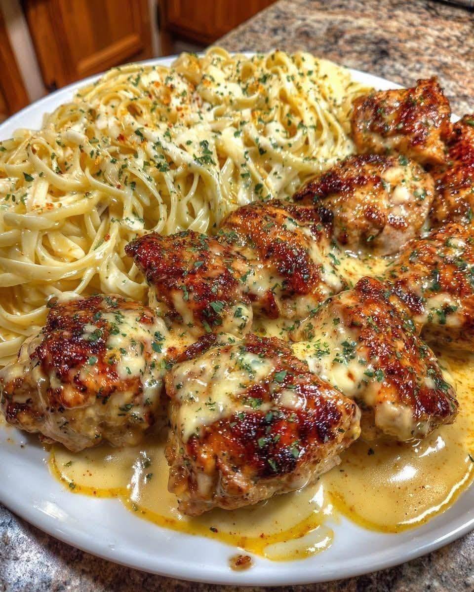 Garlic butter chicken bites with creamy parmesan pasta on a plate