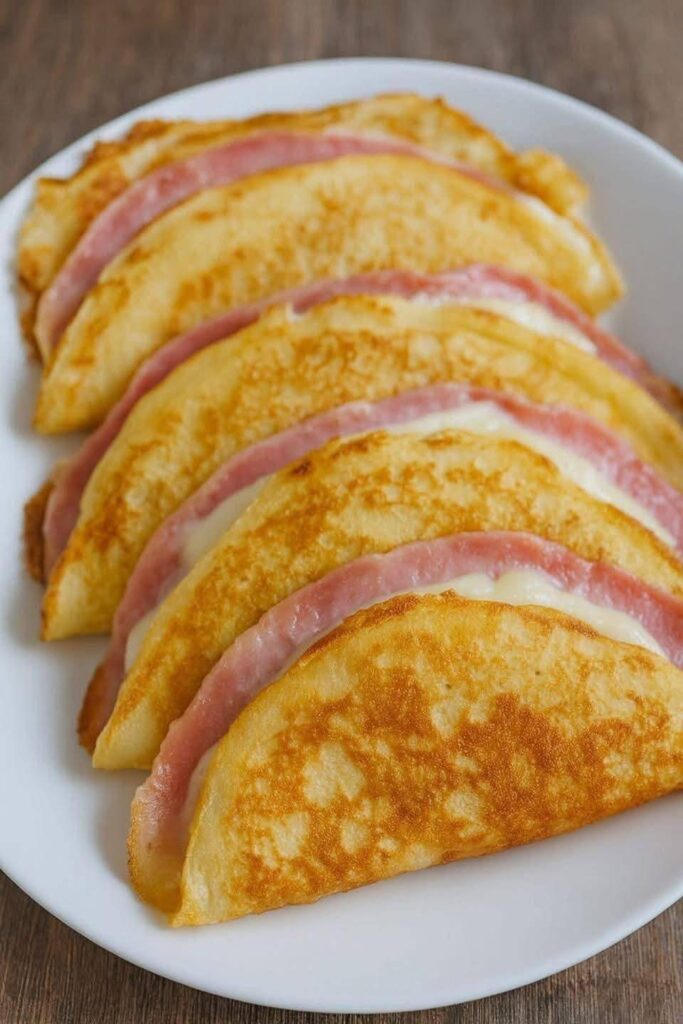 Spreading crepe batter in a non-stick pan for cheese and ham crepes recipe