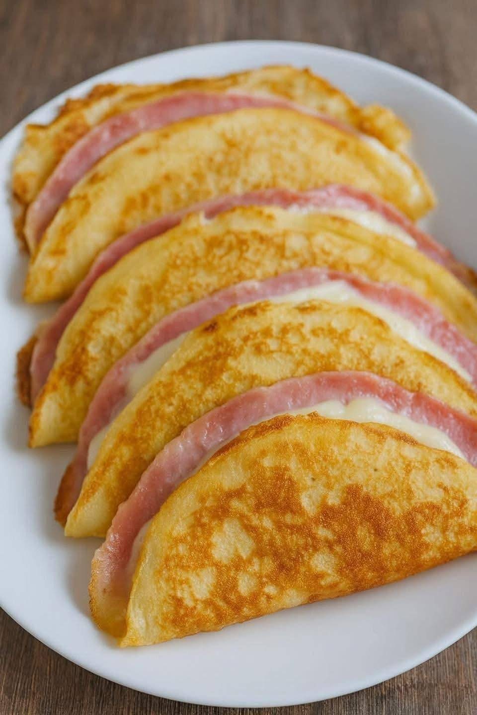 Spreading crepe batter in a non-stick pan for cheese and ham crepes recipe