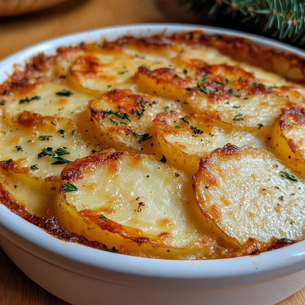 Close up of creamy garlic potato gratin texture