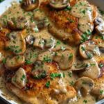 Creamy chicken and mushroom skillet with asiago cheese sauce