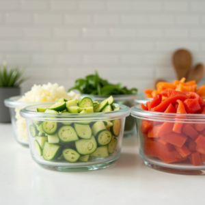 smart kitchen prep hacks using chopped vegetables stored in glass containers
