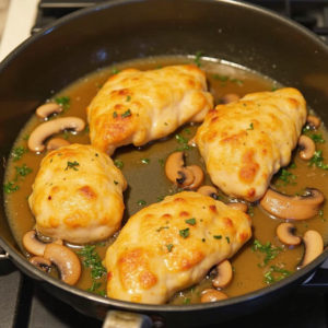 Searing seasoned chicken pieces in a skillet for creamy chicken and mushroom skillet