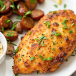 crispy air fryer chicken breast served with sausage and herbs