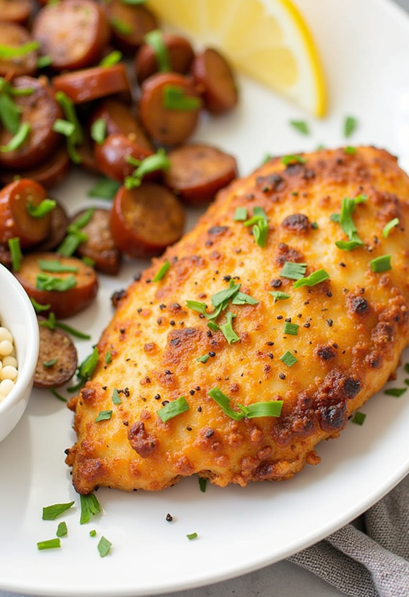 crispy air fryer chicken breast served with sausage and herbs